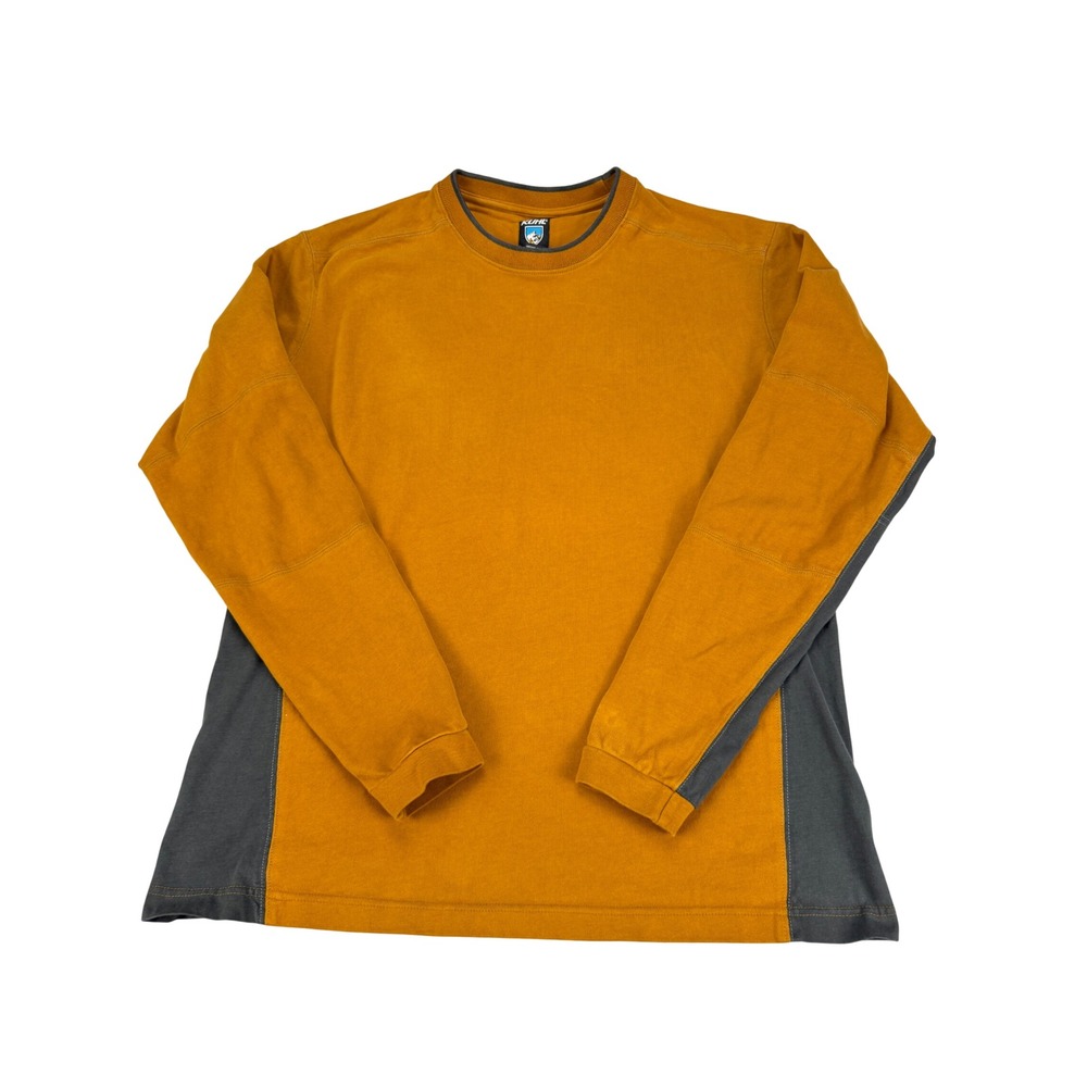 Kuhl Mens XL Organic Cotton Long Sleeve Shirt Mustard Yellow Grey Crewneck